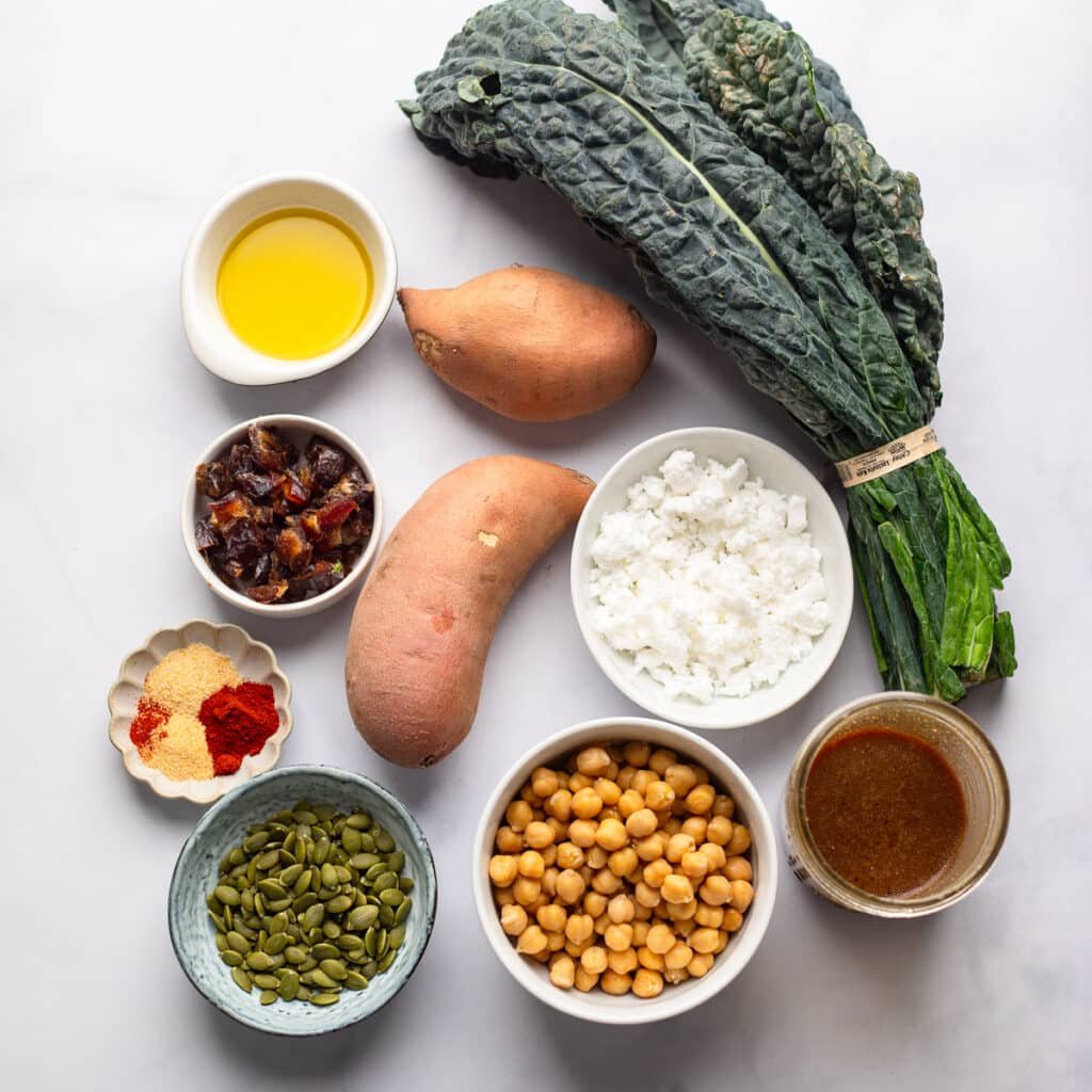 Raw ingredients on the meter to make a chickpea bowl recipe