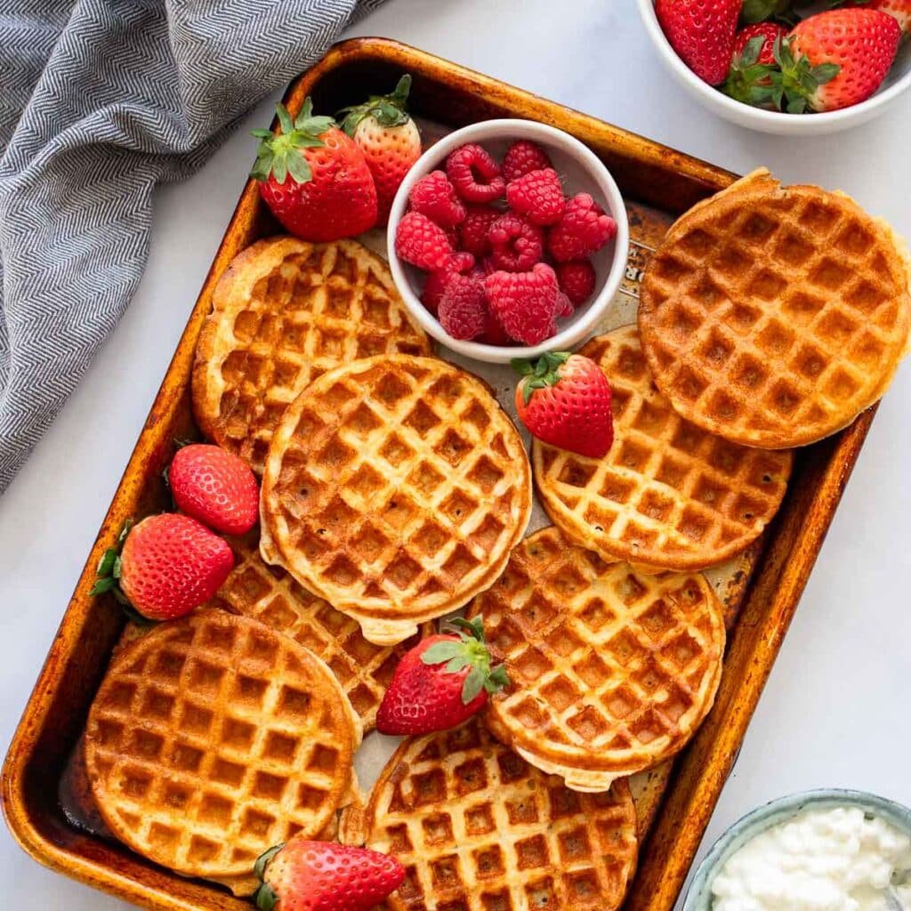 protein waffles prepared on baking sheet