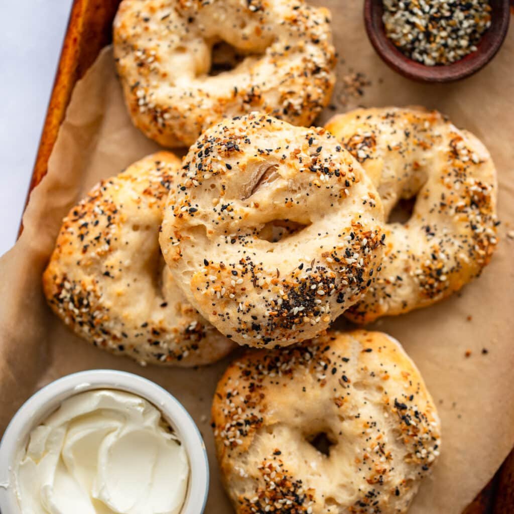 healthy protein bagels ready to eat on baking sheet