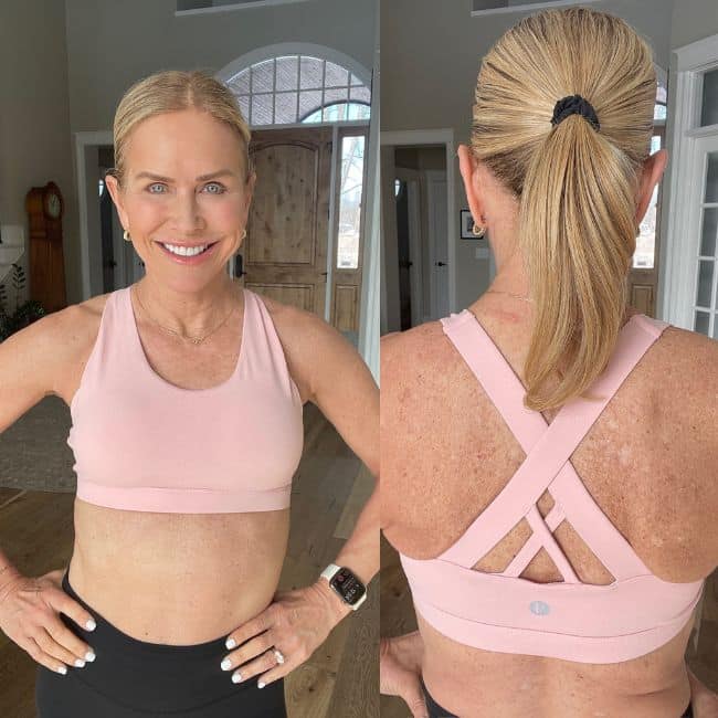 chris freytag wearing running girl sports bra for older women from Amazon