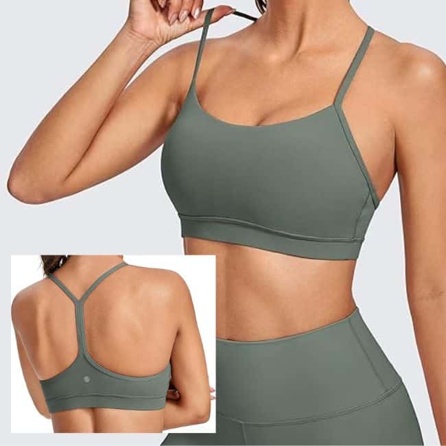 woman wearing strappy light support sports bra for older women