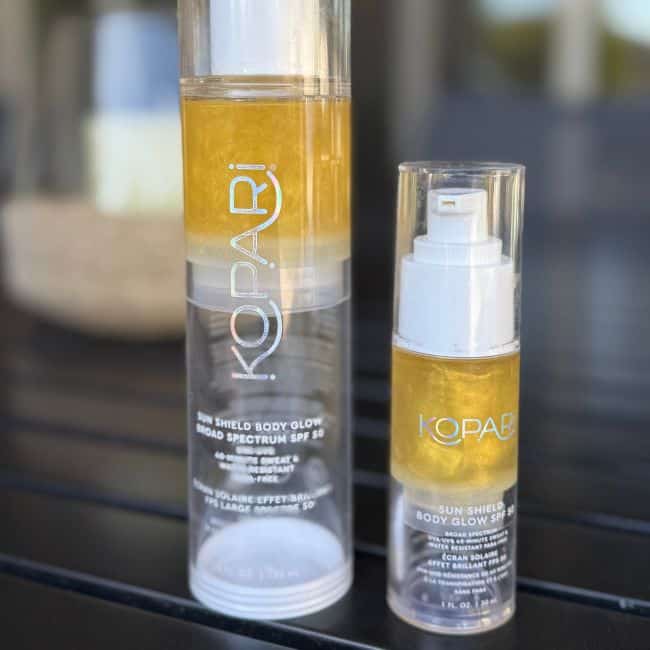 kopari sunscreen in two sizes poolside