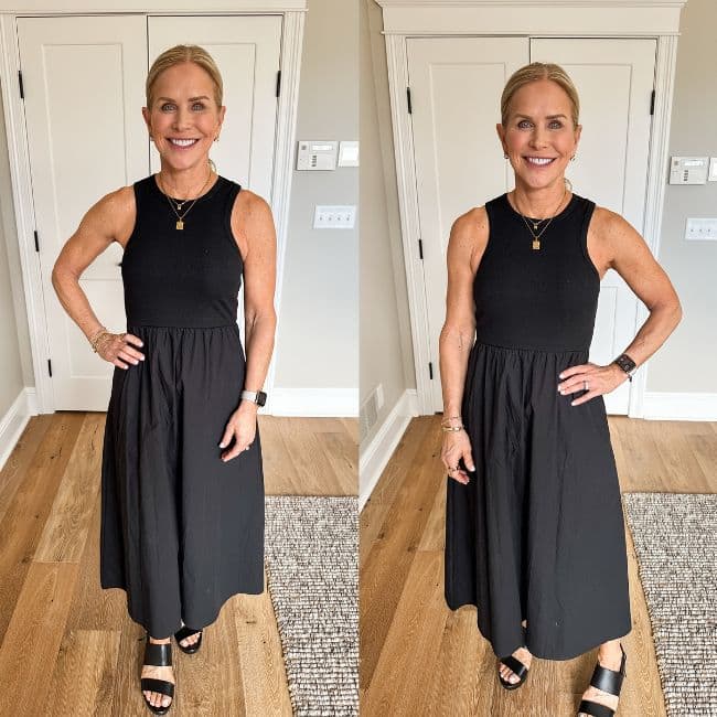 woman wearing casual black dress from amazon