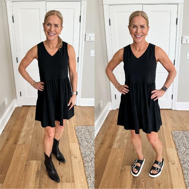 woman wearing casual black mini dress with two shoe options