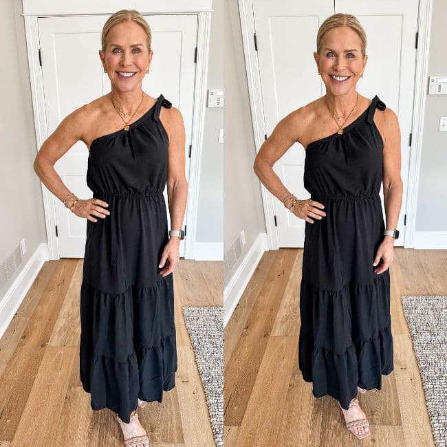 mature woman wearing classic black maxi dress from Amazon