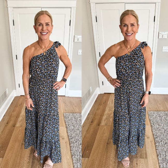 woman wearing one shoulder maxi dress for middle aged women