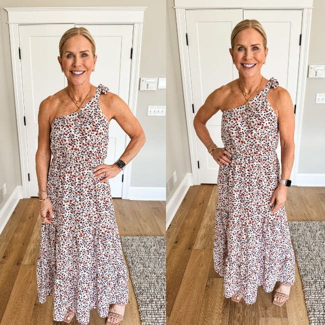 woman wearing light floral maxi dress with one shoulder from amazon