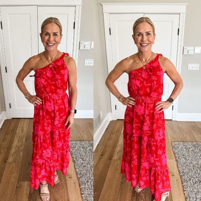 woman wearing bright pink and red floral maxi dress on shoulder