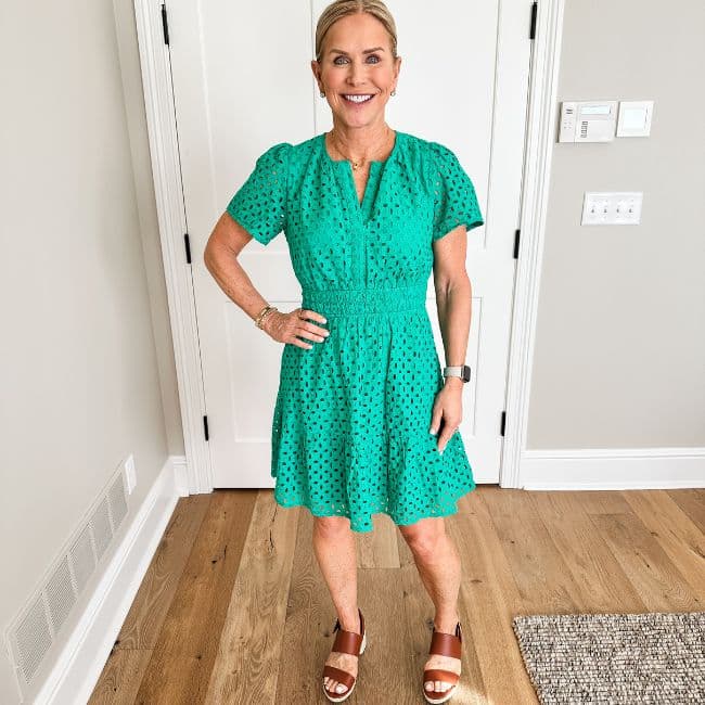 mature woman wearing green eyelet dress from amazon