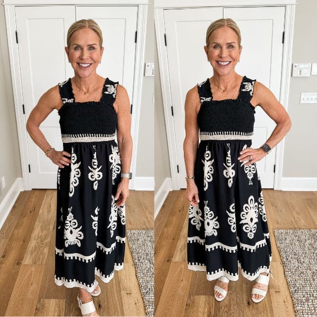 black and white boho maxi dress with thick straps for women over 50