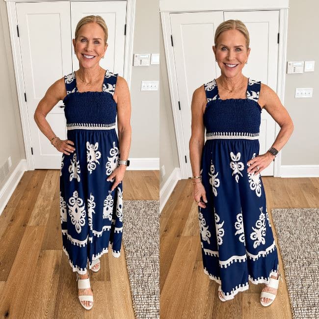 blue and white boho maxi dress on middle age woman