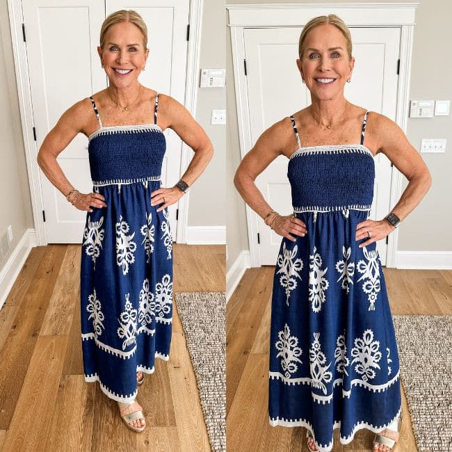 woman wearing blue and white pattern maxi dress with thin straps