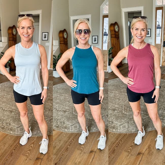 woman wearing best shorts for women over 50 in black biker shorts