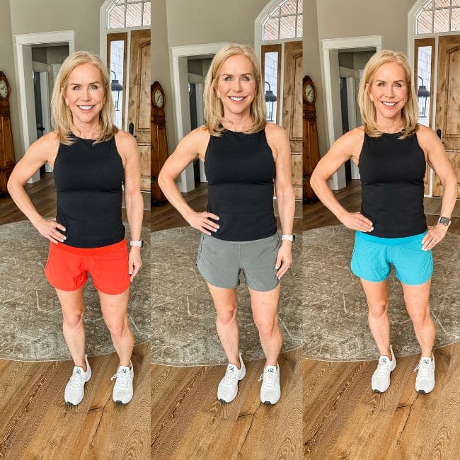 A smiling woman stands indoors, posing with one hand on her hip in three side-by-side images. She wears a black sleeveless top and athletic shoes. Her shorts are red, gray, and turquoise in each respective image.
