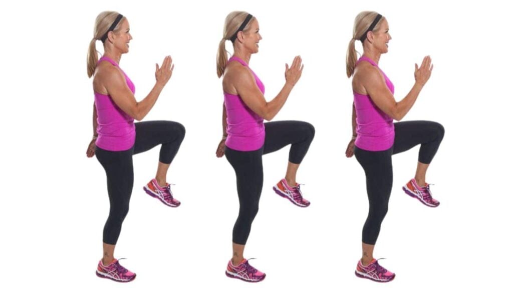 Woman demonstrating a knee lift exercise.