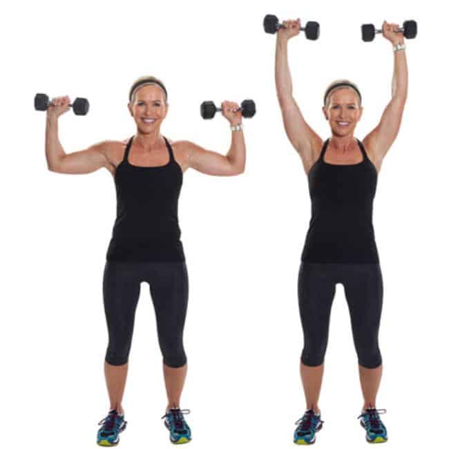 Woman performing overhead shoulder press with dumbbells