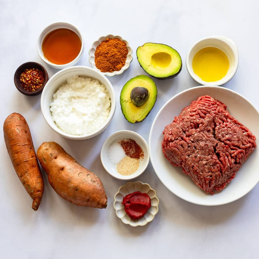 ingredients for viral beef bowl recipe from tiktok on marble counter