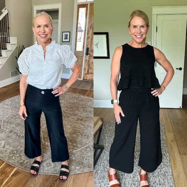 woman showing high waited pants with top tucked in and two piece black outfit from amazon