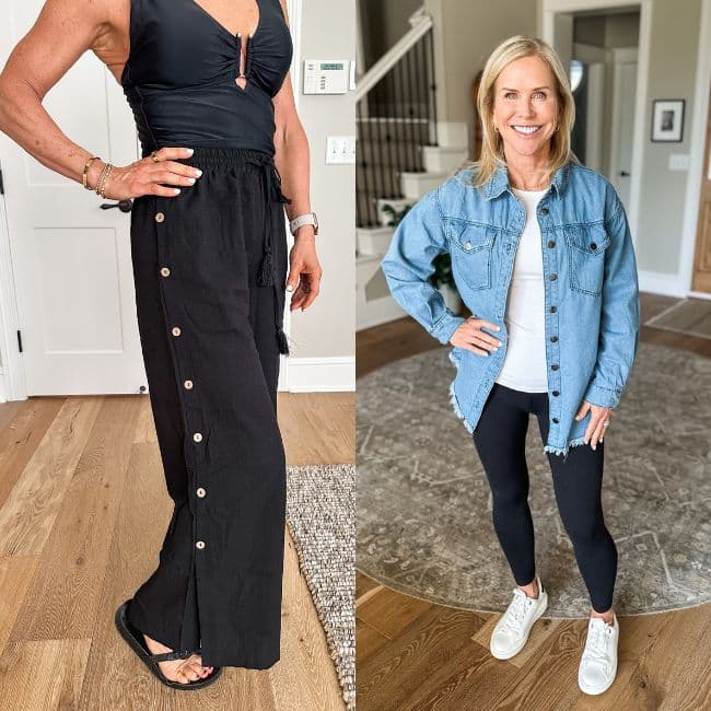 woman showing flattering wide leg linen pants and casual jean shacket over leggings outfits
