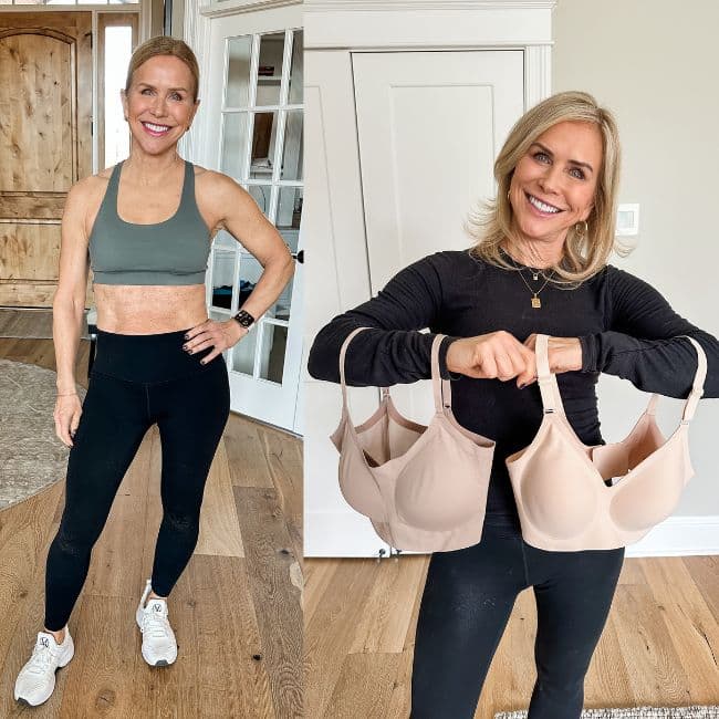 woman showing her favorite sports bra and everyday bras from amazon for older women