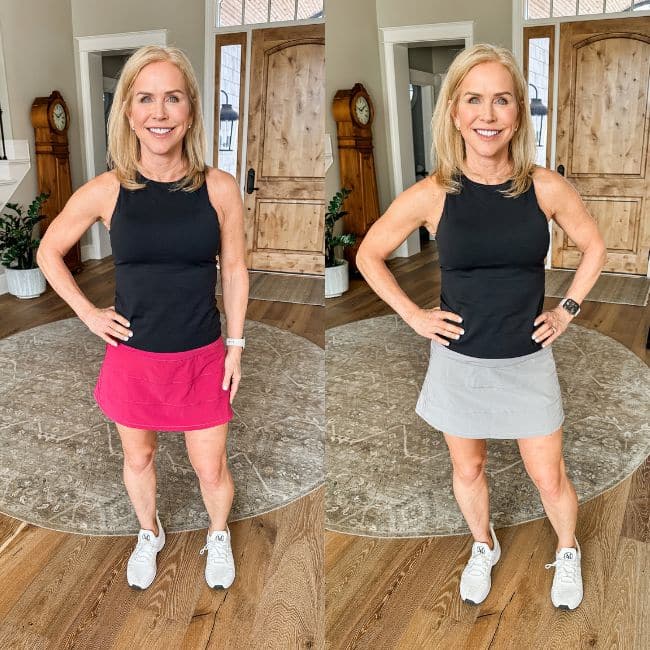 A woman stands indoors on a round rug, posing with one hand on her hip. She wears a black sleeveless top, white sneakers, and a skirt—pink in the left image and gray in the right image.