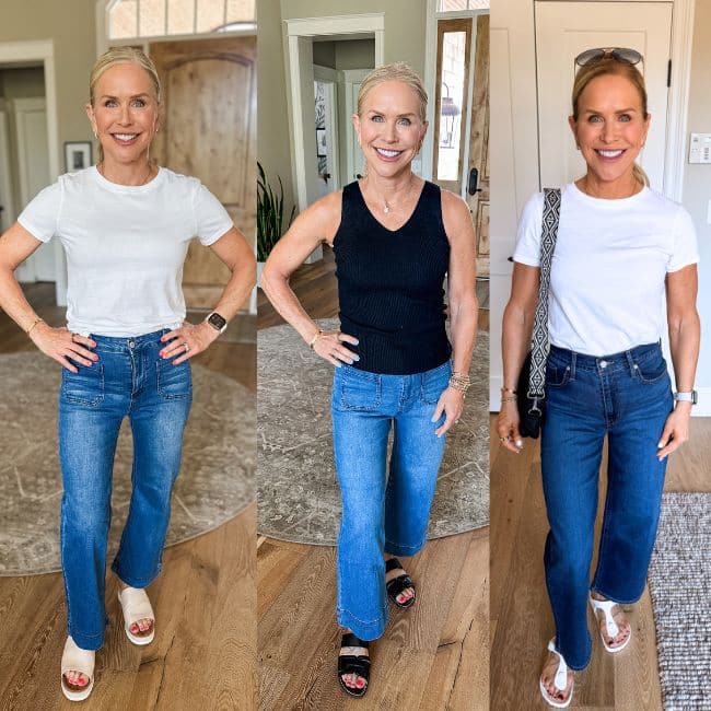 woman showing three pairs of flattering jeans for women over 40 from amazon