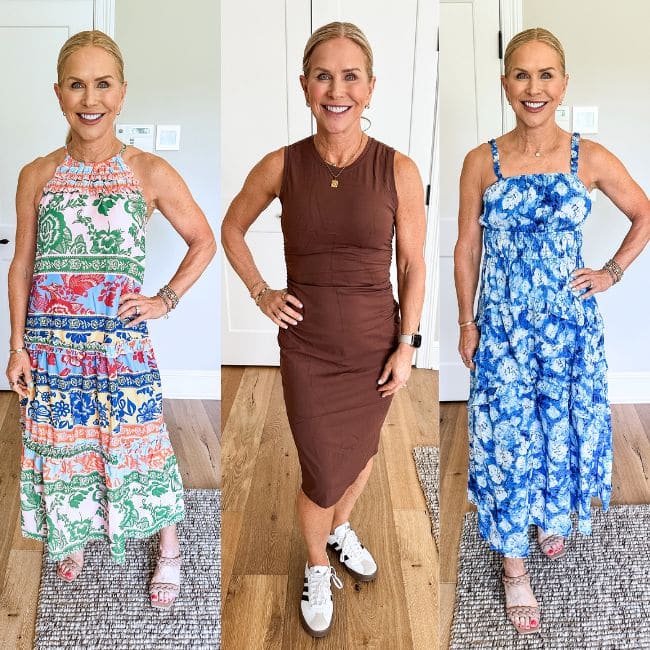woman showing three different dresses from amazon that make you look thinner instantly