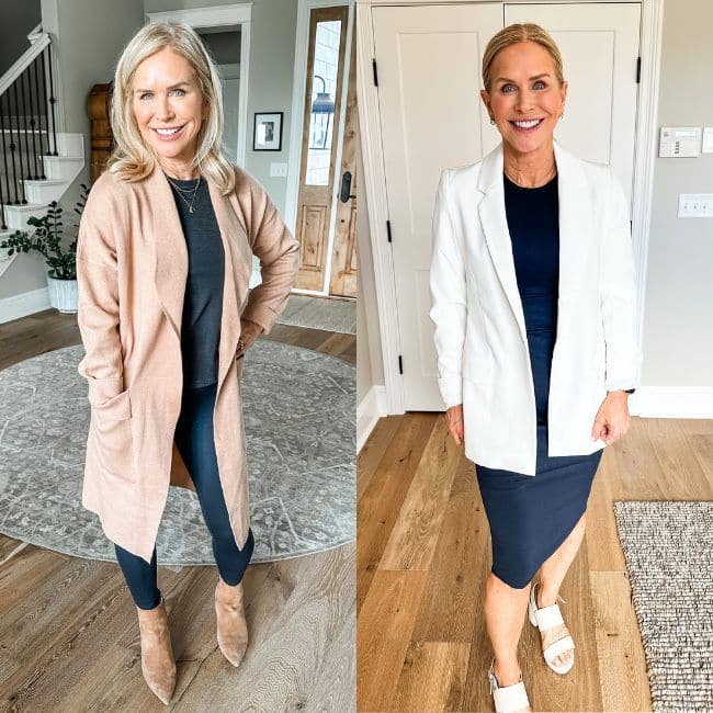 woman showing coatigan and blazer for a less baggy fashion look