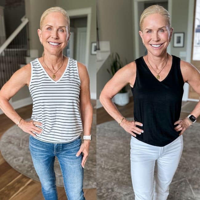 woman showing flattering top for women over 50 on amazon