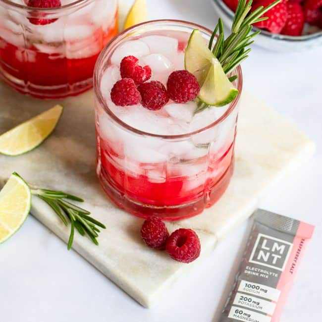 Raspberry Spritz mocktail recipe made with LMNT electrolytes served in glass