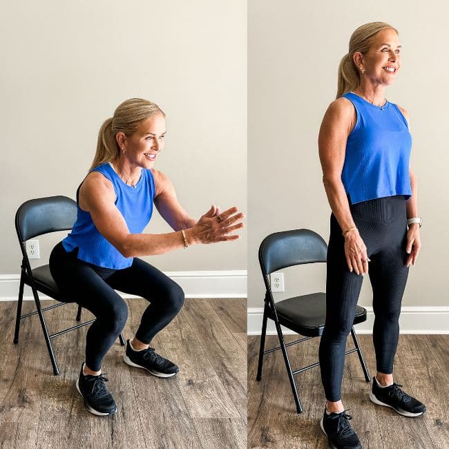two images of a woman performing the sit to stand self aging test indoors using a black folding chair