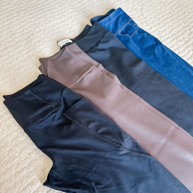 close up of different fabric types of four different pairs of leggings purchased from amazon