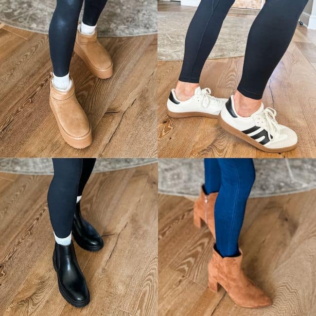 woman showing close ups of four different shoe options to wear with leggings for women over 50
