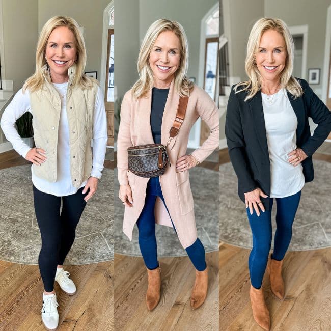 woman showing three different ways to style leggings for women over 50