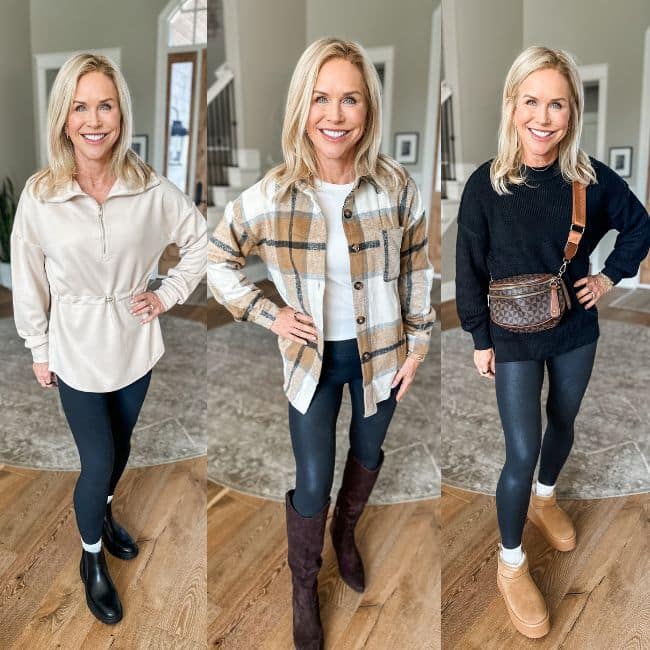 woman showing three different everyday wear outfits with leggings for middle aged women over 50