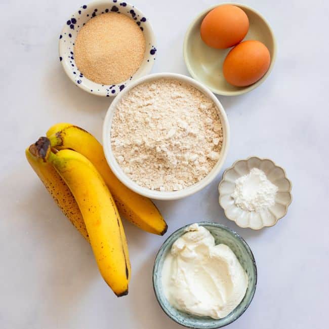 overhead view of ingredients for healthy banana bread recipe on counter