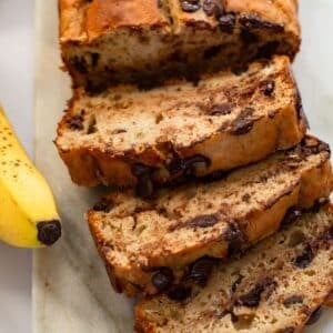 close up image of healthy banana bread made with oat flour sliced