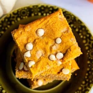 close up overhead image of healthy pumpkin blondies recipe fall dessert treat