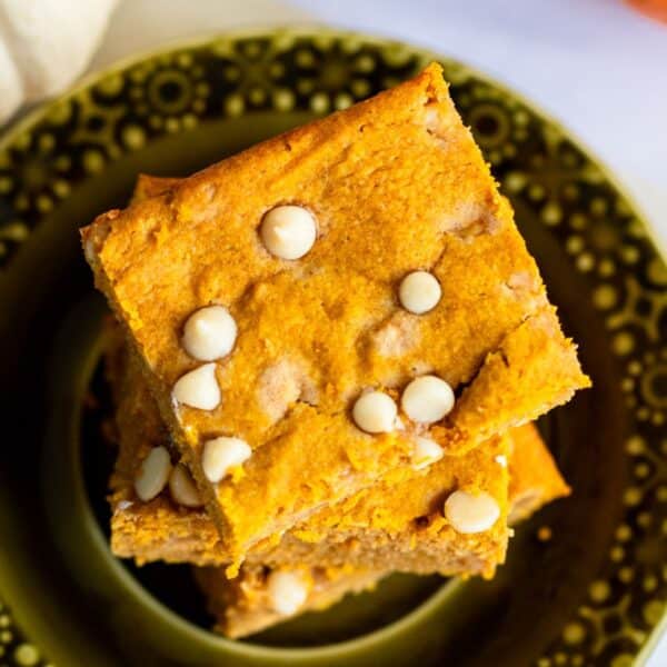 close up overhead image of healthy pumpkin blondies recipe fall dessert treat