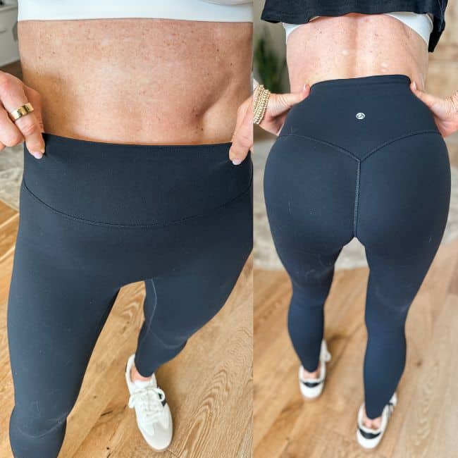 dual front and back photos showing front waistband fit and back non see through fabric on leggings for women over 50