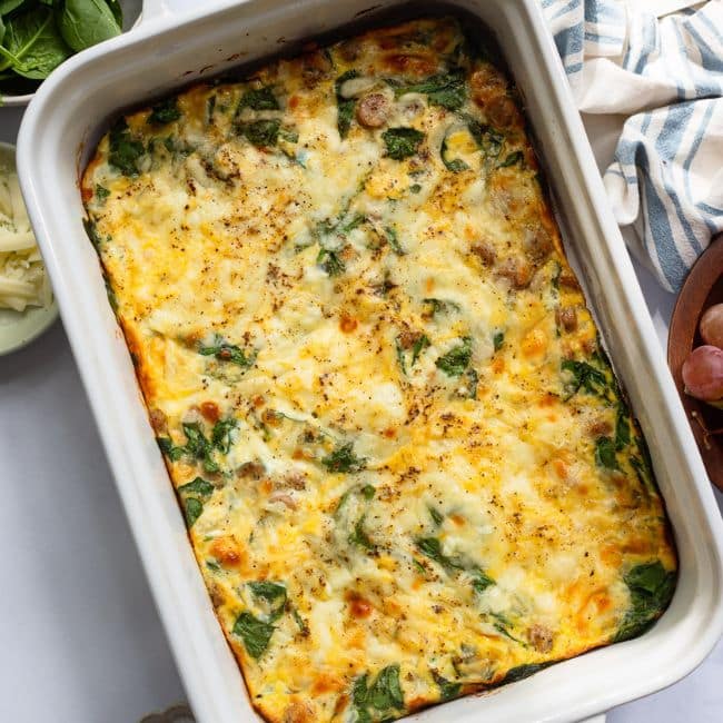 overhead view of baked high protein egg dish ready to serve