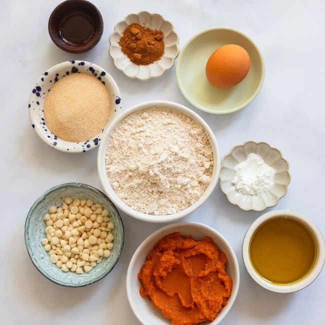 ingredients on white counter for healthy pumpkin blondies recipe fall treat