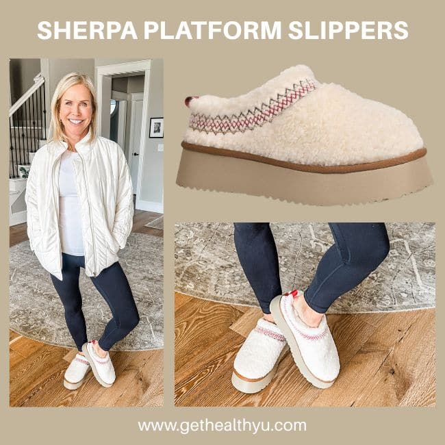 woman showing ugg lookalike sherpa platform slippers