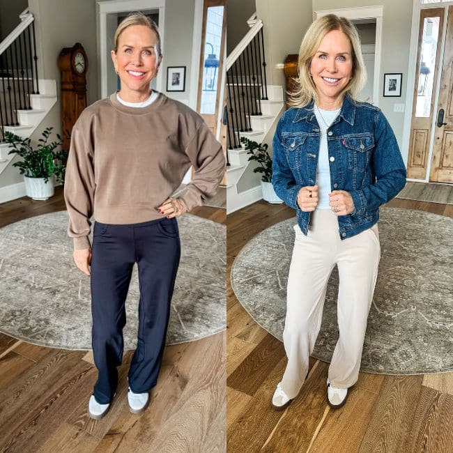 Woman wearing CRZ YOGA Butterlift wide-leg Amazon pants with pockets for travel and athleisure