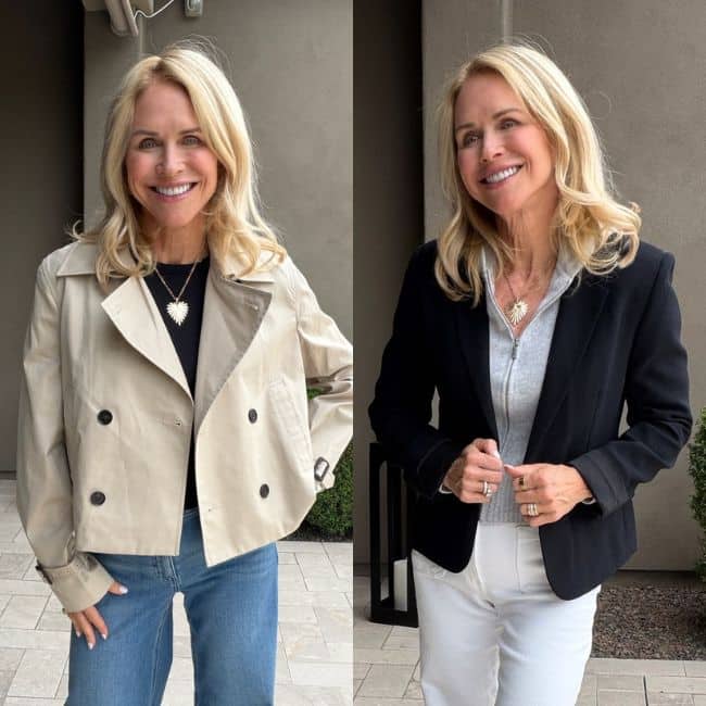 Lightweight layering pieces including a short trench coat, blazer, and sweater for a chic Paris-inspired outfit