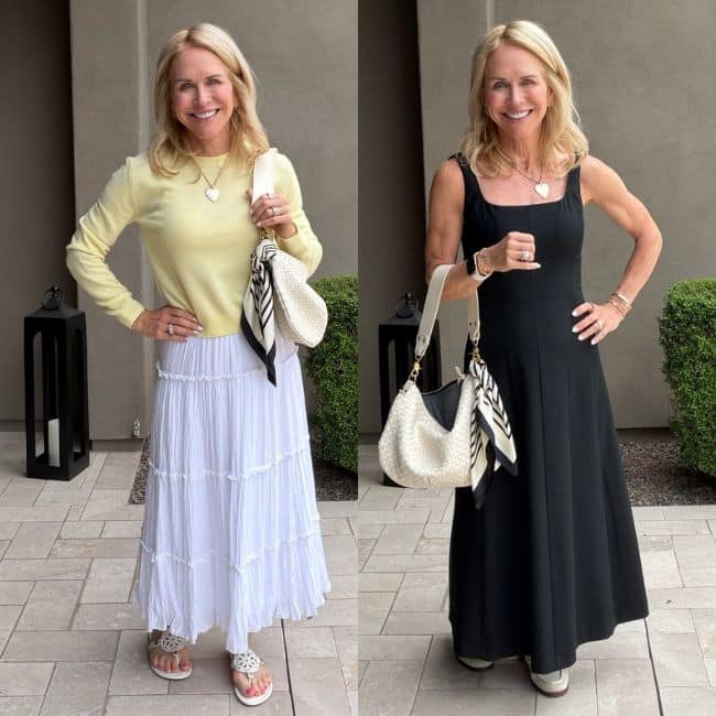 Simple travel capsule featuring a neutral dress and skirt styled with lightweight layers for day-to-night outfits