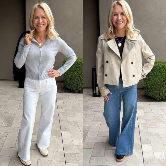 Three versatile pants for travel including classic jeans, white pants, and wrinkle-free black athleisure pants folded for packing