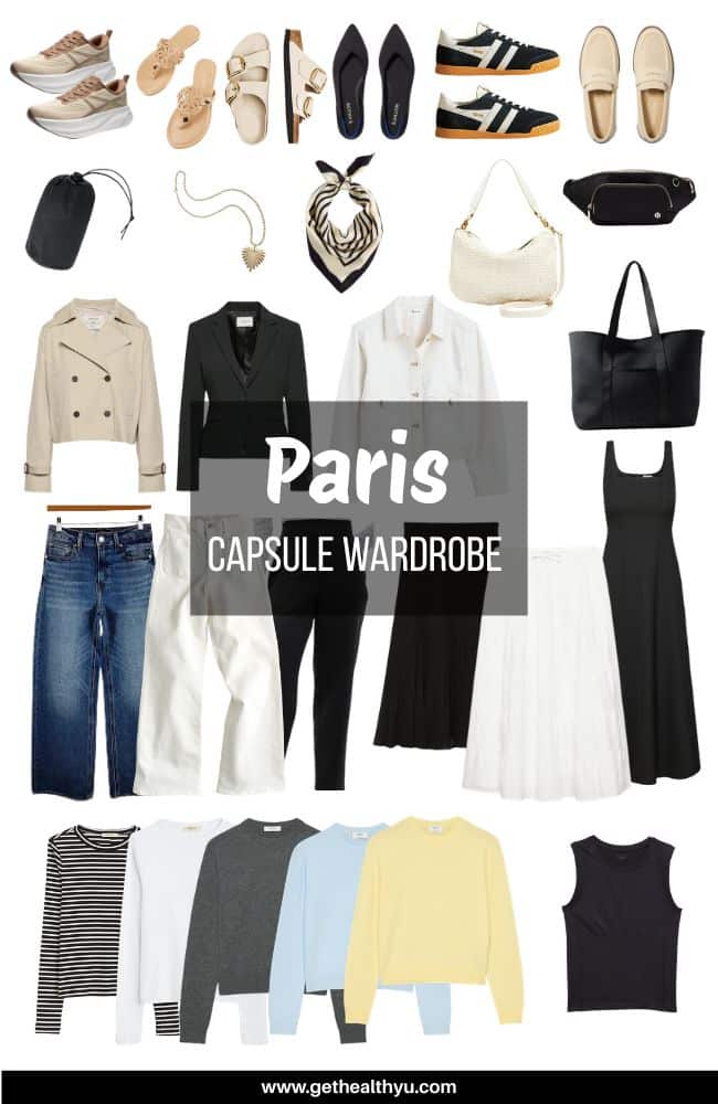 Neutral Paris capsule wardrobe laid out with jeans, white pants, striped top, trench coat, and accessories for mix-and-match outfits