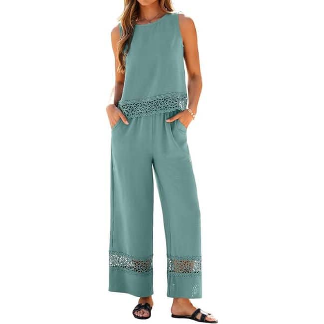 woman wearing casual elevated set with embroidery detail