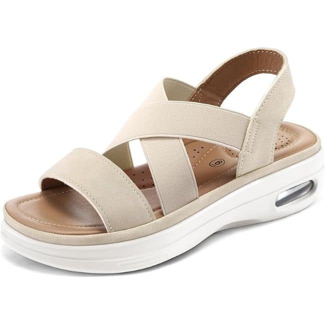 Stylish comfy not frumpy sandal for women over 50 with supportive cushioned sole